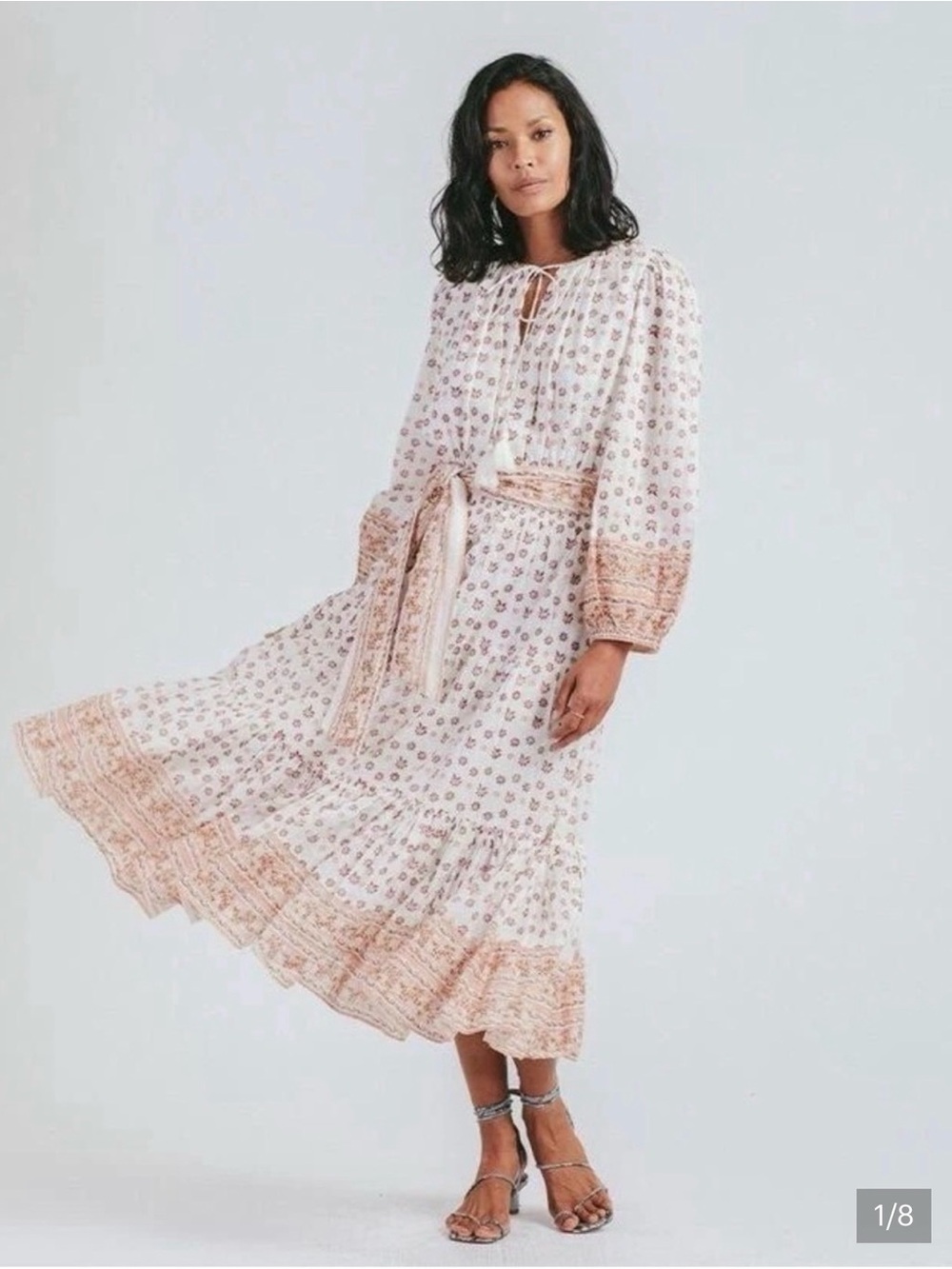 Cleobella White and Tan Printed Midi Dress with Tie Waist